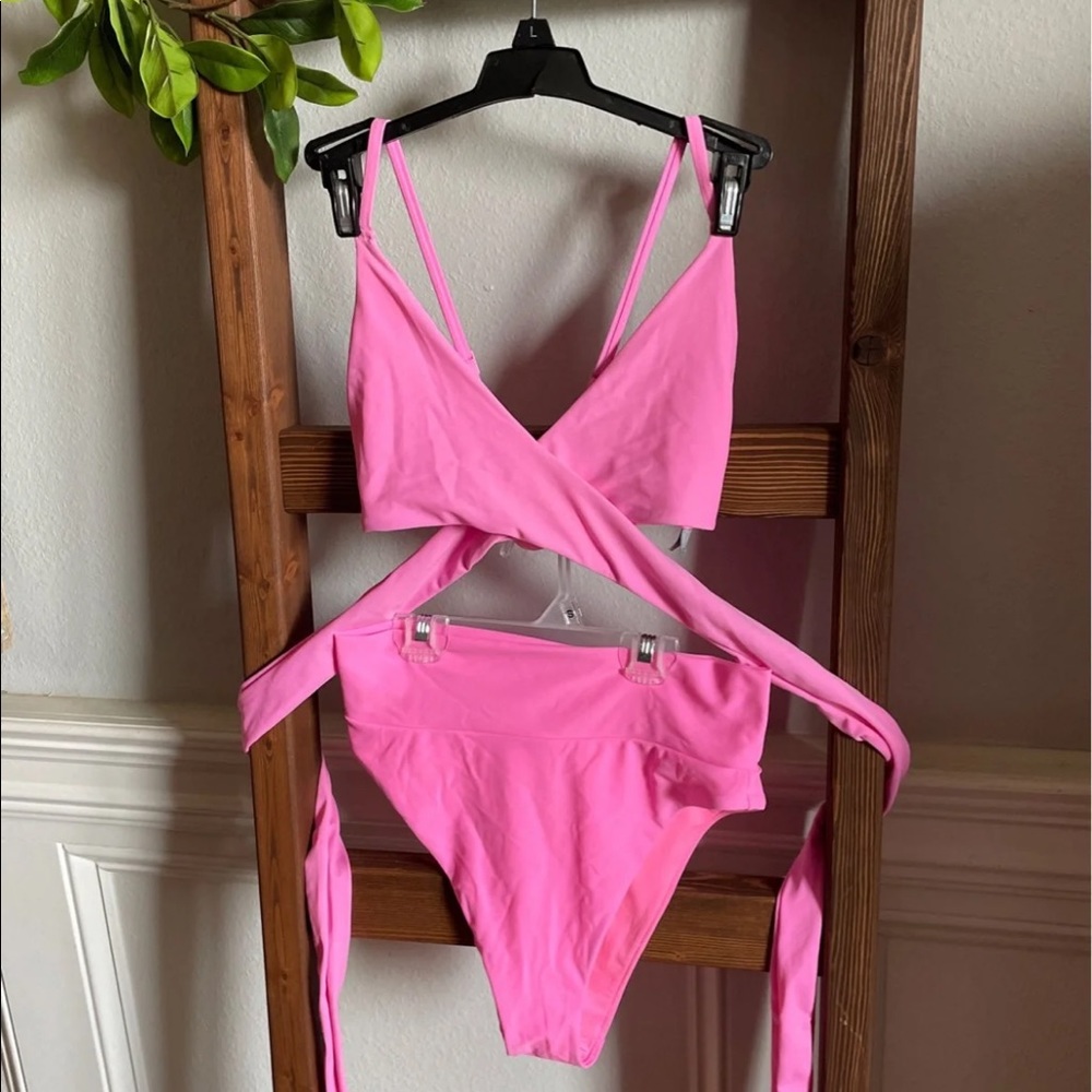 Aerie Bubblegum Pink Wrap High Waist Bikini Set